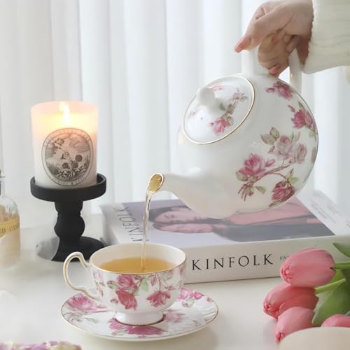 Fine Bone China Elizabeth Rose Teapot and Set of 2 Teacups & Saucers