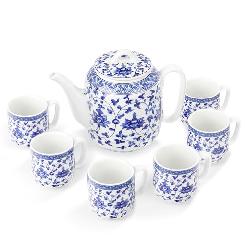 Chinese Blue and White Porcelain Teapot Set Traditional Kung Fu Tea Sets with 6 Cups for Loose Leaf Tea Adults