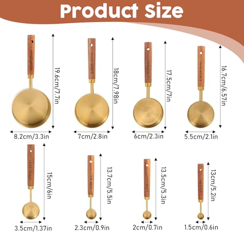 Stainless Steel Measuring Cups Set and Measuring Spoons Wooden Handle Metal Measure Cups and Spoons for Cooking and Baking