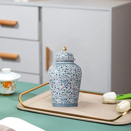 12inches flower Ginger Jar with Lid Chinese Decorative blue Ceramic