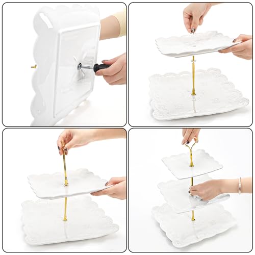 2 Pack 3 Tier White Ceramic Embossed Dessert Cake Tower Stand with Gold Carry Handle (2 Count)
