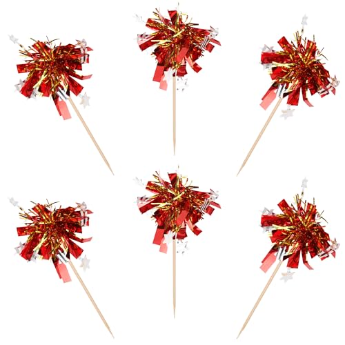 30 PCS Foil Firework Cupcake Toppers Happy Birthday Star Cupcake Picks Sparkle Tinsel Drink Stirrers Cocktail Fruit Toothpicks for Valentine's Day Wedding Birthday Party Decorations Supplies Red Gold (30 Count)