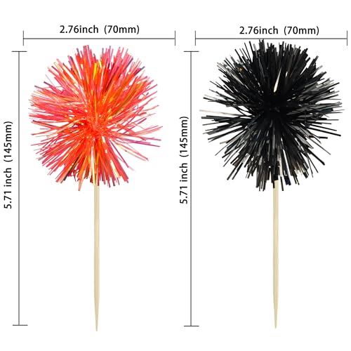 30Pcs Foil Firework Cupcake Toppers Sparkle Tinsel Cake Toppers Tinsel Drink Cake Decoration Cocktail Picks for Birthday Wedding Graduation Party Supplies Black Orange (30 Count)