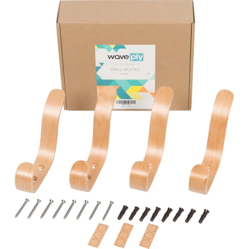 Plywood Wall Hooks Set of 4 Wood Coat Rack Hanging Clothes Hats Robes Towels (4 Count)