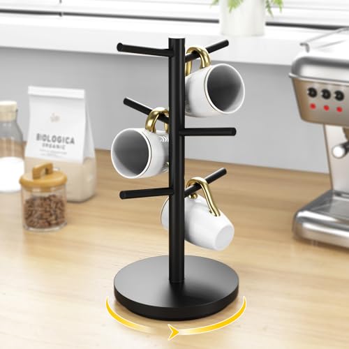 Coffee Mug Holder Tree Upgraded 360Rotated Cup Holder for Counter Black Wood Cup Tree Mug Rack Organizer Stand with 6 Hooks for Kitchen Coffee Bar Accessories