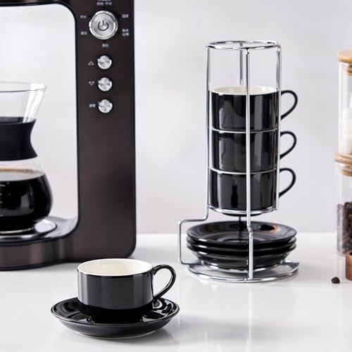 2.5 Ounce Stackable Espresso Cups with Saucers and Metal Stand (4 Count)