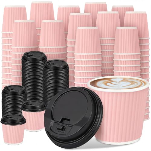 100 Set 4oz Disposable Espresso Cups with Lids Ripple Corrugated Paper Disposable Coffee Insulated Hot Ripple Cups for hot Chocolate (100 Count)