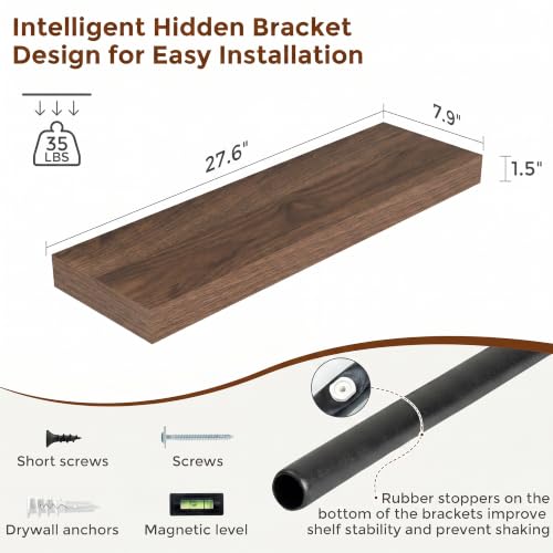 28 Inch Floating Shelves for Wall Walnut Shelves Set of 2