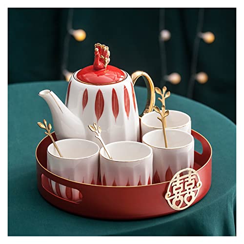 Iced Tea Pitchers Ceramic Luxury Tea Set Household Flower Tea Pot Water Kettle Cup Set Teaware 1 Teapot 4 Cups with Tray for Wedding Gift for Home Kitchen Coffee Cup (C)