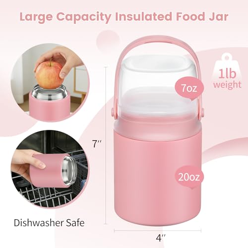 2-in-1 Thermos for Hot Food with Snack Box Container - 20oz Stainless Steel Insulated Food Container with Handle and Spoon, Leak Proof Bento Box Kids Adult for School Lunch Office, Pink