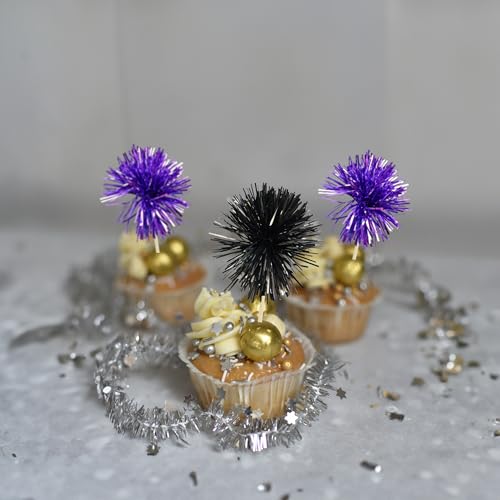 30Pcs Foil Firework Cupcake Toppers Sparkle Tinsel Cake Toppers Tinsel Drink Cake Decoration Cocktail Picks for Birthday Wedding Graduation Party Supplies Black Purple (30 Count)