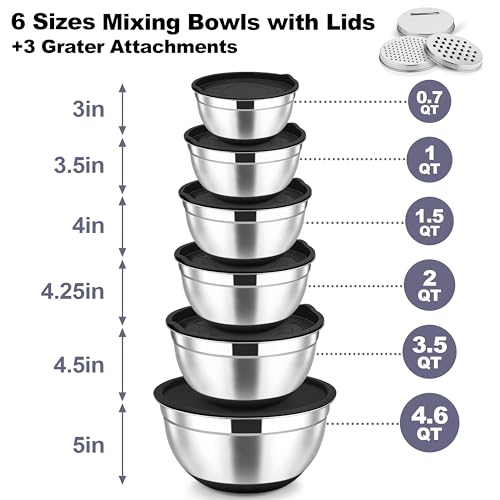 Mixing Bowls Stainless Steel Salad Bowl with Lid & Graters (6 Count)