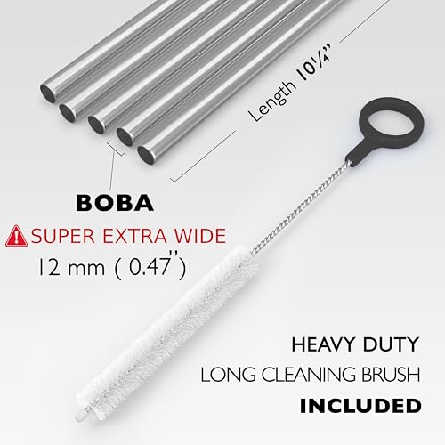 5 Super Extra Wide Boba Straws Stainless Steel. 10.23" Long Metal Straws Reusable Fat Thick Large Jumbo for Smoothies (5 Count)