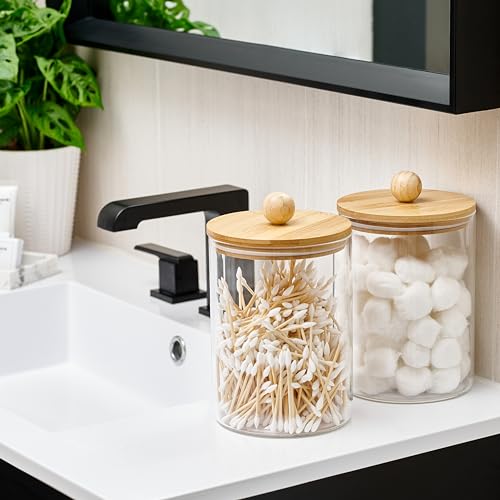 Set of 2 Glass Canisters for Kitchen Counter with Airtight Bamboo Lids + Marker & Labels (2 Count)