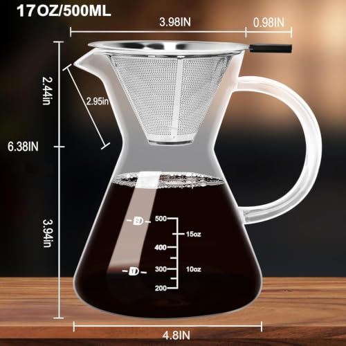 17oz 500ML Glass Pour Over Coffee Maker & Stainless Filter