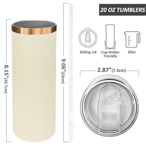 20 oz Skinny Tumblers Bulk with Lids and Straws Cream (4 Count)