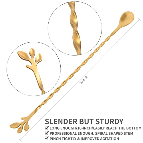 Gold 10 Inch Stainless Steel Cocktail Spoon with Leaf Handle