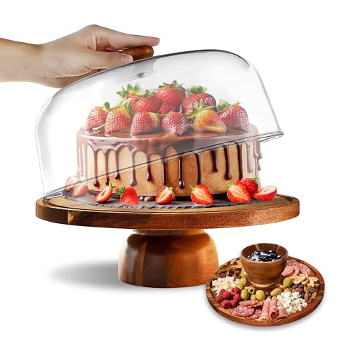 Acacia-Cake-Stand-with-Acrylic-Lid, 2-in-1 Wood Cake Holder Charcuterie Board with Cover, Round Cake Plate with Dome for Party，Dessert Table Display Stand