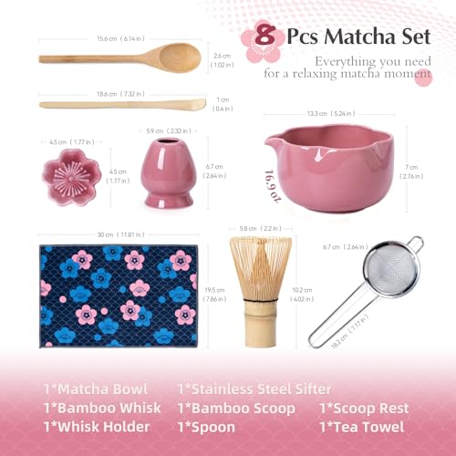 Matcha Set 8Pcs Floral Ceramic Matcha Kit with Matcha Whisk