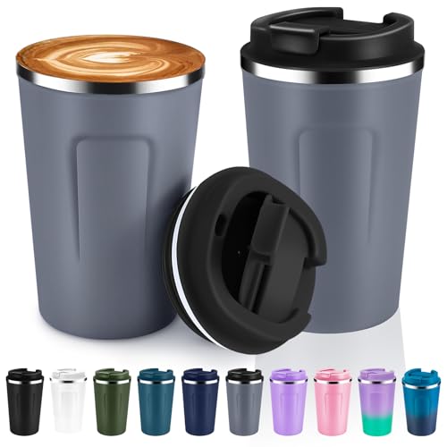 12 oz Double Wall Insulated Vacuum Travel Coffee Mugs with Flip Lid Bulk 2 Pack (2 Count)
