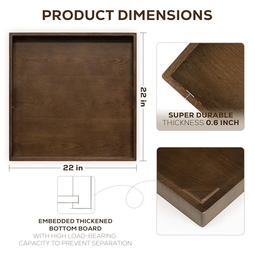 22 Inch Large Square Wooden Ottoman Tray for Living Room