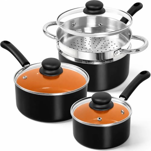 Nonstick Saucepan Set with Lids & Steamer