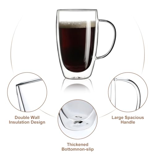 2 Pack Double Walled Glass Coffee Mugs with Handles (2 Count)