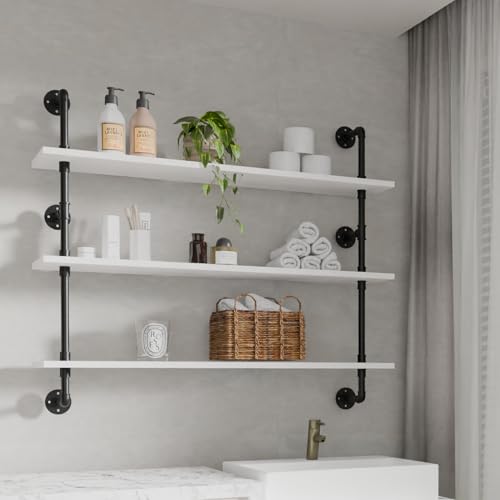 Industrial Pipe Shelving Rustic White Pipe Wall Shelves Industrial Shelves with Wood Planks Floating Shelves 48 Inch Farmhouse Bathroom (3 Count)