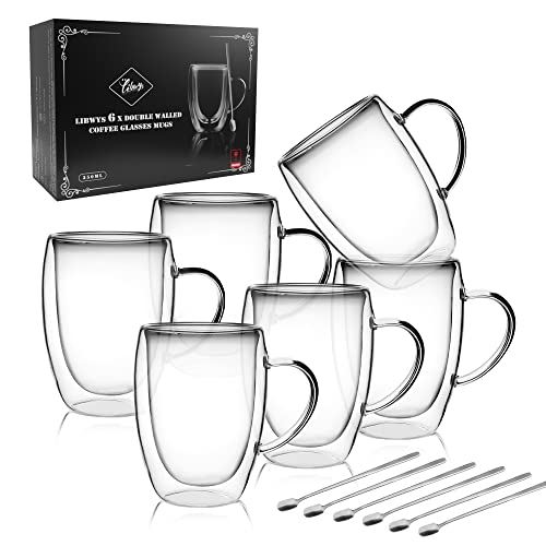 6 Pack Double Walled Coffee Cups Glasses Mug 12oz Borosilicate Glass (6 Count)