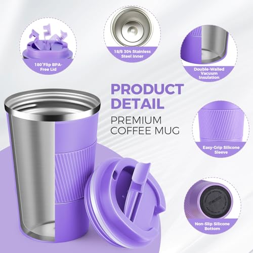 13 oz Stainless Steel Insulated Travel Coffee Mug with Fip Lid Bulk 4 Pack (4 Count)