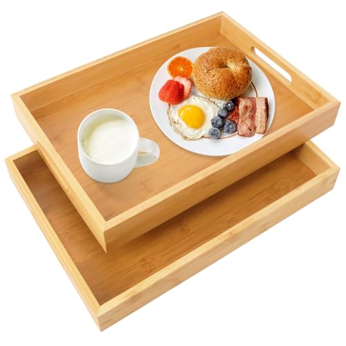 2 Pack Large Bamboo Serving Tray with Handles (2 Count)