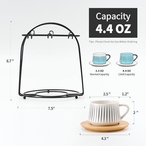 Ceramic Coffee Espresso Cups with Saucers Set with Metal Holder (7.6 Count)