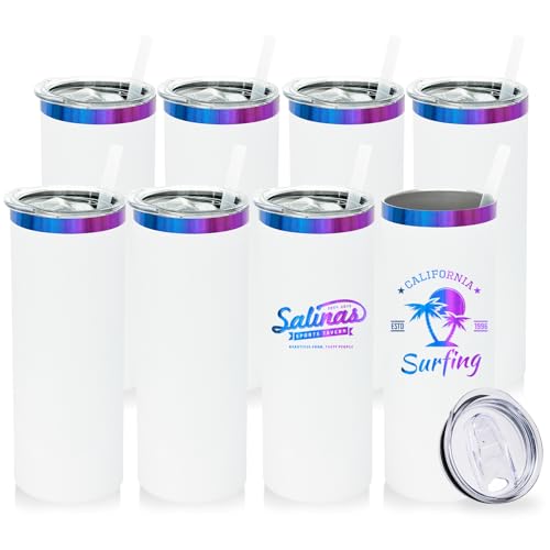 20 oz Skinny Tumblers Bulk with Lids and Straws White (8 Count)