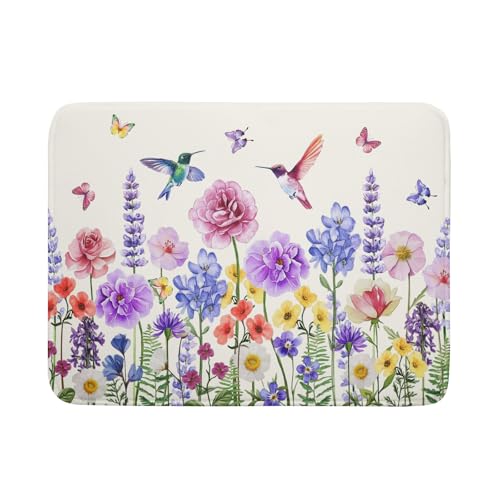 Hummingbird Flower Dish Drying Mat 18x24 inch Watercolor Spring Herb Floral Dish Drainer Mats Wildflower Plant Reversible Microfiber Dish Drying Pad for Kitchen Countertop Large Decor