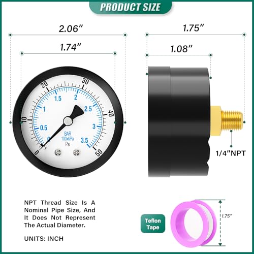 0 50PSI Well Pump Pressure Gauge 2" Dial Size
