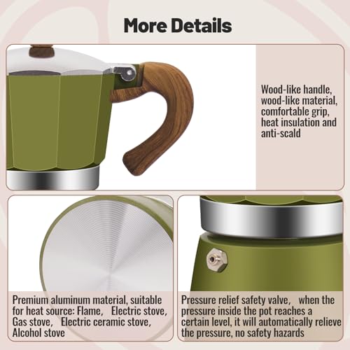 3 Cup Aluminum Moka Pot Classic Stovetop Espresso Coffee Maker 150ml 5oz Coffeemaker Percolator Mocha Pot Greca Coffee Maker Cafe Makers for Italian and Cuban Café Brewing Green (5 Ounce)