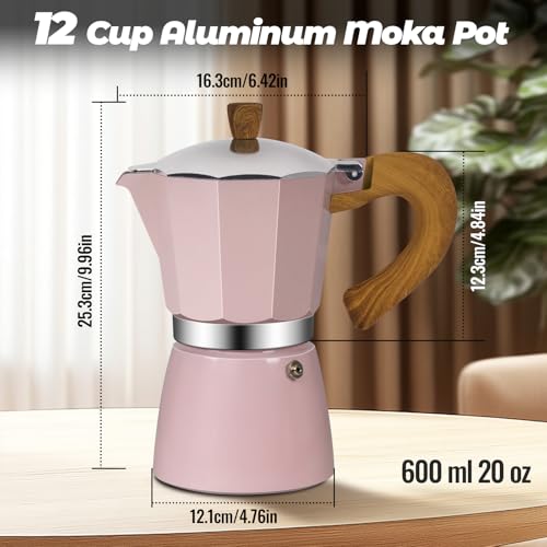 12 Cup Aluminum Moka Pot Classic Stovetop Espresso Coffee Maker 600ml 20oz Coffeemaker Percolator Mocha Pot Greca Coffee Maker Cafe Makers for Italian and Cuban Café Brewing Pink