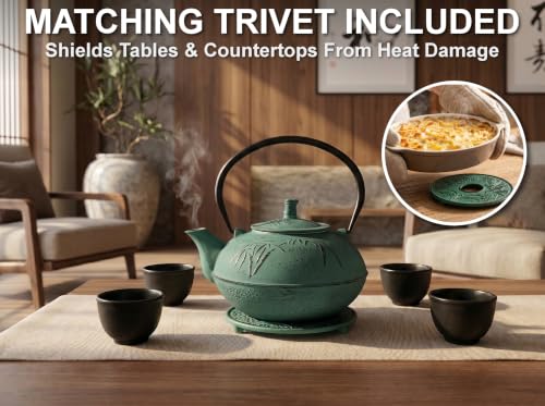 85 Oz XXL Green Bamboo Cast Iron Teapot