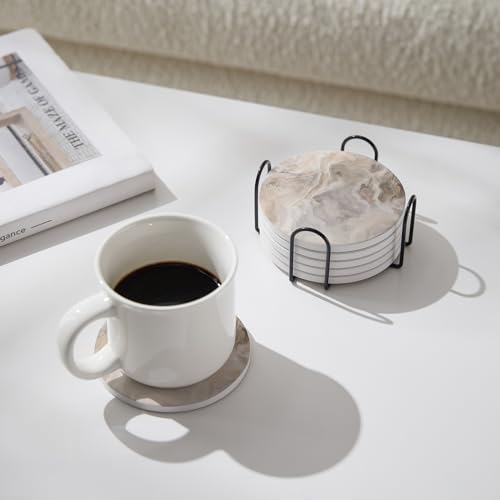 Set of 6 Abstract Marble Coasters with Holder (6 Count)
