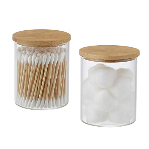 2 Pack Glass Qtip Holder Dispenser with Bamboo Vanity Tray