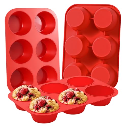 Silicone Jumbo Muffin Pan 3 Pack 6 Cup 3.5 Inch Large Muffin Tin Non Stick BPA Free for Baking Giant Muffins Cupcakes Frittatas (3 Count)