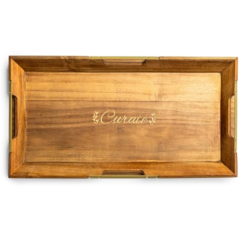 Curate Large Acacia Wood Serving Tray with Handles for Coffee Table