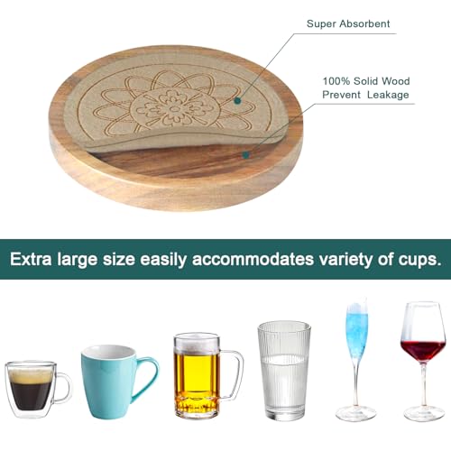 Wood Coasters for Drinks Housewarming Gifts for Home Decoration Absorbent Coasters with Holder for Coffee Tabletop Protection 4.3 Inch Beige