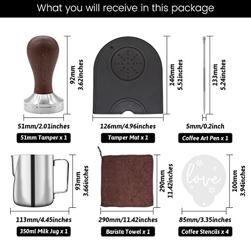 51mm Coffee Tamper Set Barista Kit for Portafilter Machine Wooden Espresso Tamper with Tamper Mat