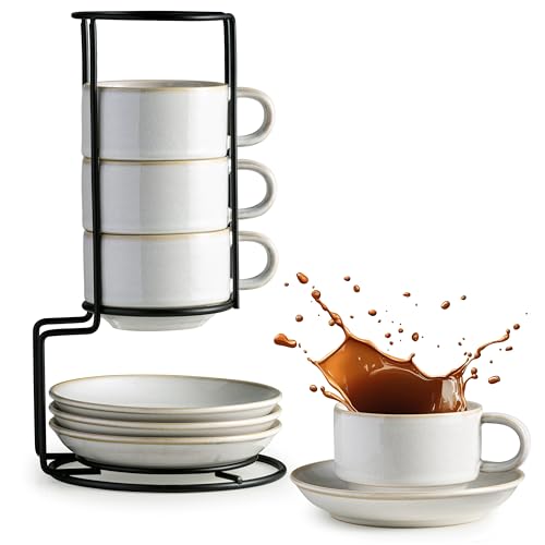 6 Ounce Cappuccino Cups Set of 4 with Saucers & Metal Rack (9.99 Count)