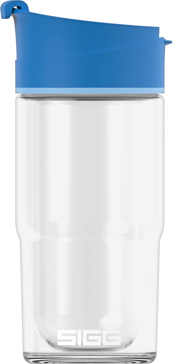 Blue insulated glass travel mug with flip top lid