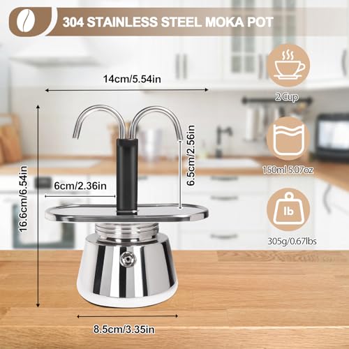 Uncoated 2 Cup Dual Pipe Moka Pot 304 Thickened Stainless Steel