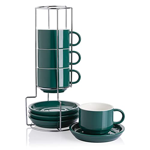 Sweejar Porcelain Cappuccino Cups with Saucers and Metal Stand (4 Count)
