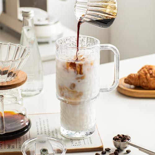 24 oz Water Ripple Glass Tumbler with Handle and Lid
