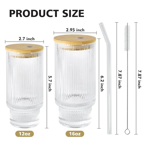 Ribbed Glass Cups with Lids and Straws 16oz Glass Tumbler with Straw (2 Count)